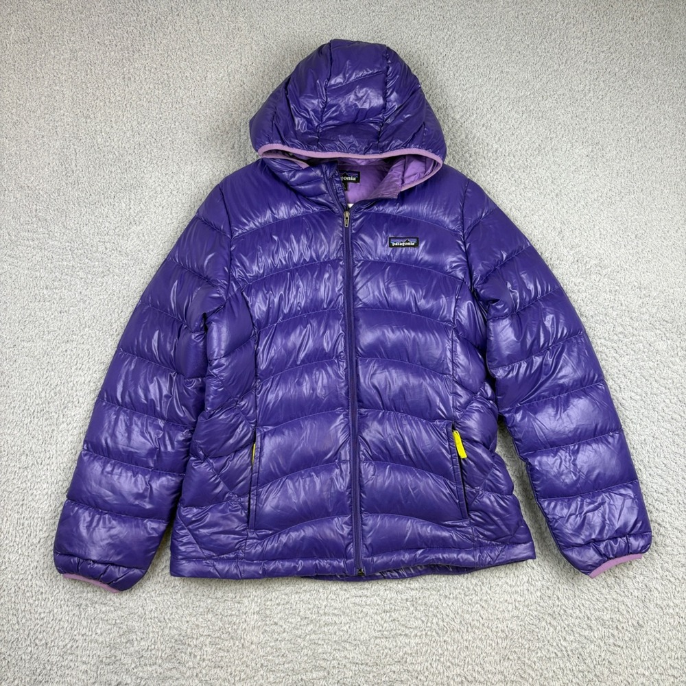 Patagonia Puffer Jacket Girls XXL 16-18 Purple Full Zip Coat Down Hoody Hooded